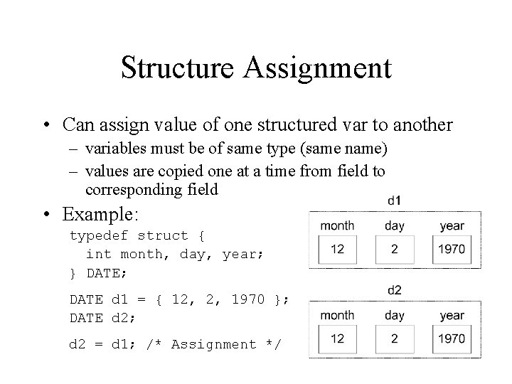 Structure Assignment • Can assign value of one structured var to another – variables