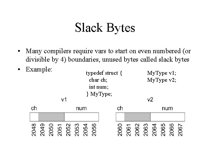 Slack Bytes • Many compilers require vars to start on even numbered (or divisible