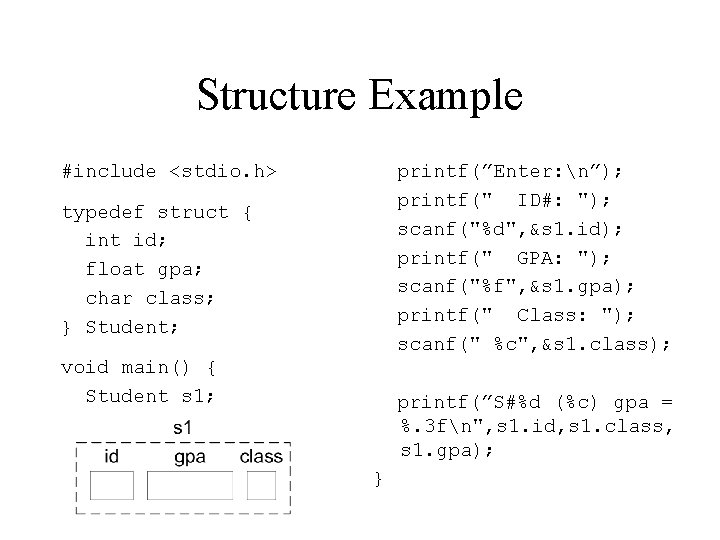 Structure Example #include <stdio. h> printf(”Enter: n”); printf(" ID#: "); scanf("%d", &s 1. id);