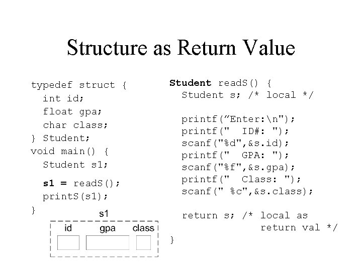 Structure as Return Value typedef struct { int id; float gpa; char class; }
