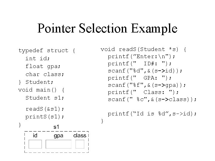 Pointer Selection Example typedef struct { int id; float gpa; char class; } Student;