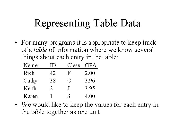 Representing Table Data • For many programs it is appropriate to keep track of