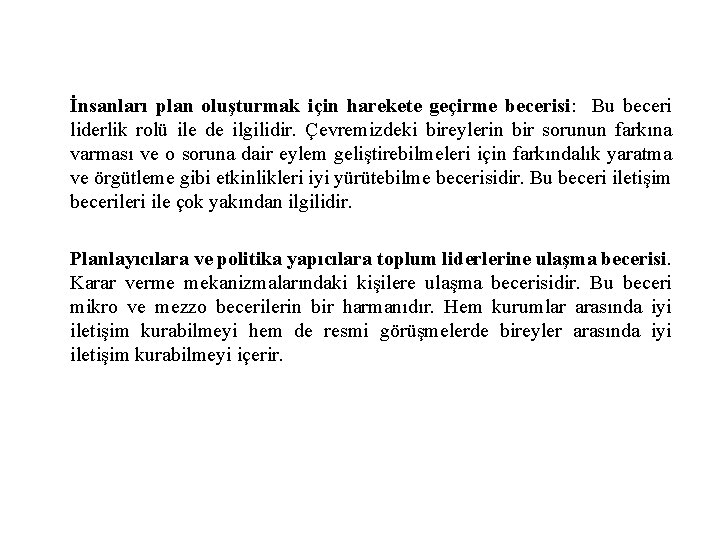 İnsanları plan oluşturmak için harekete geçirme becerisi: Bu beceri liderlik rolü ile de ilgilidir.