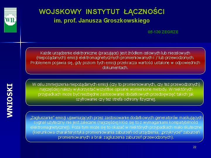 WOJSKOWY INSTYTUT ŁĄCZNOŚCI im. prof. Janusza Groszkowskiego 05 -130 ZEGRZE WNIOSKI Każde urządzenie elektroniczne