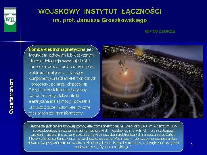 WOJSKOWY INSTYTUT ŁĄCZNOŚCI im. prof. Janusza Groszkowskiego Cyberterroryzm 05 -130 ZEGRZE Bomba elektromagnetyczna jest