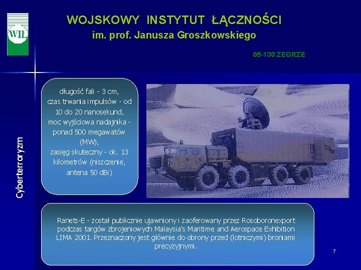 WOJSKOWY INSTYTUT ŁĄCZNOŚCI im. prof. Janusza Groszkowskiego Cyberterroryzm 05 -130 ZEGRZE długość fali -