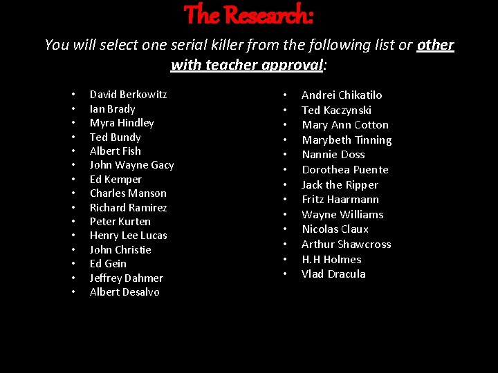 The Research: You will select one serial killer from the following list or other