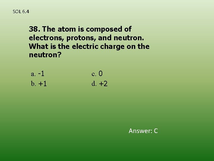 SOL 6. 4 38. The atom is composed of electrons, protons, and neutron. What