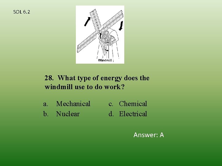 SOL 6. 2 28. What type of energy does the windmill use to do