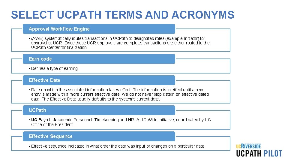 SELECT UCPATH TERMS AND ACRONYMS Approval Workflow Engine • (AWE) systematically routes transactions in SELECT UCPATH TERMS AND ACRONYMS Approval Workflow Engine • (AWE) systematically routes transactions in