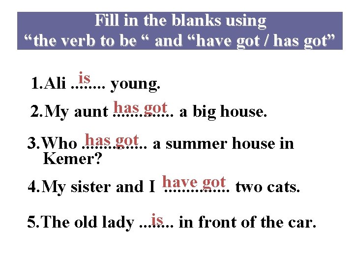 Fill in the blanks using “the verb to be “ and “have got /