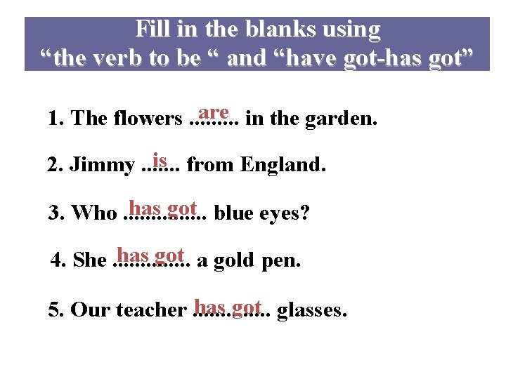 Fill in the blanks using “the verb to be “ and “have got-has got”