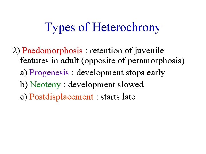 Types of Heterochrony 2) Paedomorphosis : retention of juvenile features in adult (opposite of