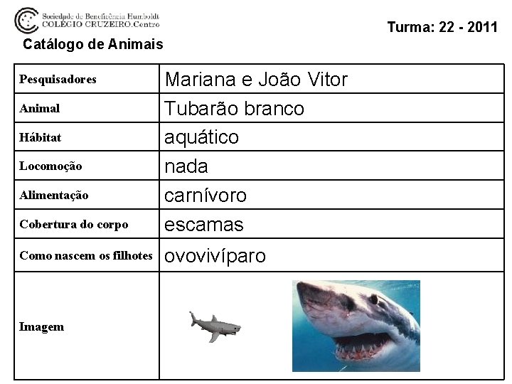 Turma: 22 - 2011 Catálogo de Animais Cobertura do corpo Mariana e João Vitor