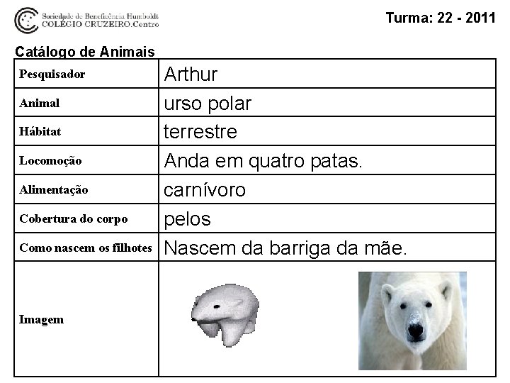 Turma: 22 - 2011 Catálogo de Animais Pesquisador Animal Hábitat Locomoção Alimentação Cobertura do