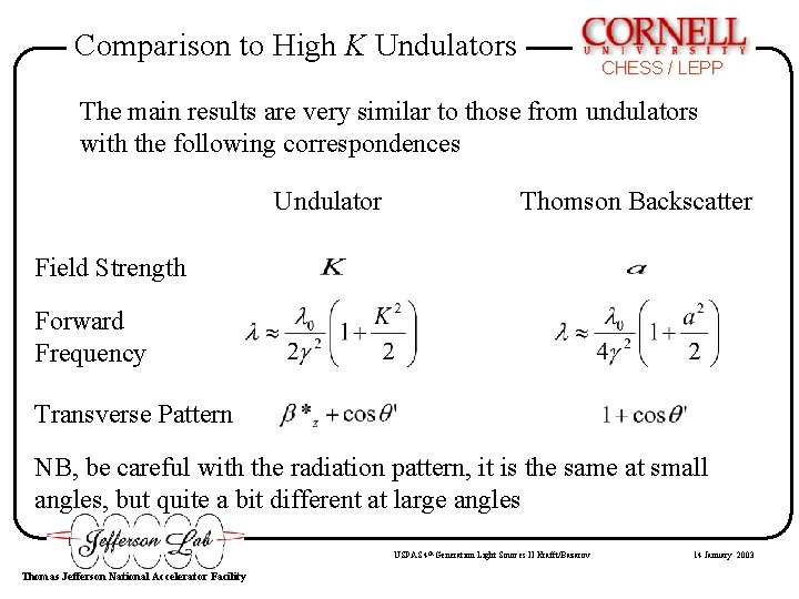 Comparison to High K Undulators CHESS / LEPP The main results are very similar Comparison to High K Undulators CHESS / LEPP The main results are very similar
