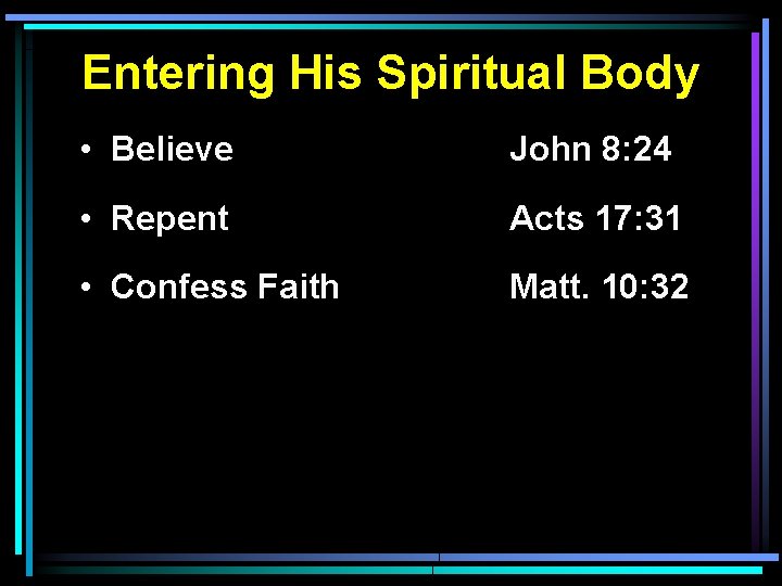 Entering His Spiritual Body • Believe John 8: 24 • Repent Acts 17: 31