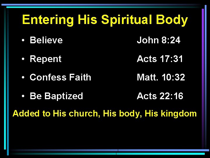 Entering His Spiritual Body • Believe John 8: 24 • Repent Acts 17: 31