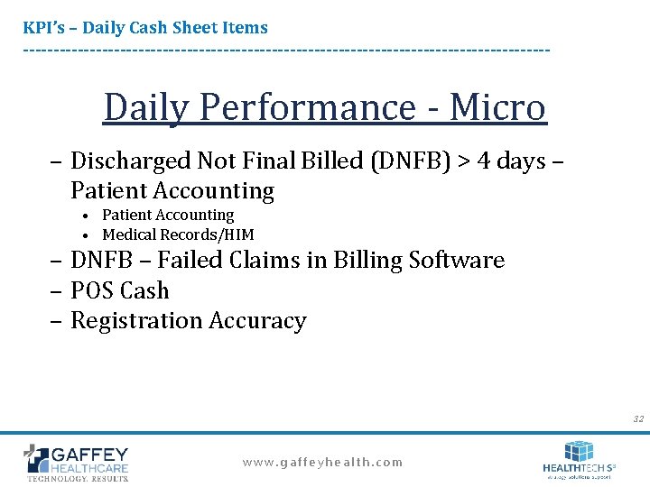 KPI’s – Daily Cash Sheet Items -------------------------------------------- Daily Performance - Micro – Discharged Not KPI’s – Daily Cash Sheet Items -------------------------------------------- Daily Performance - Micro – Discharged Not