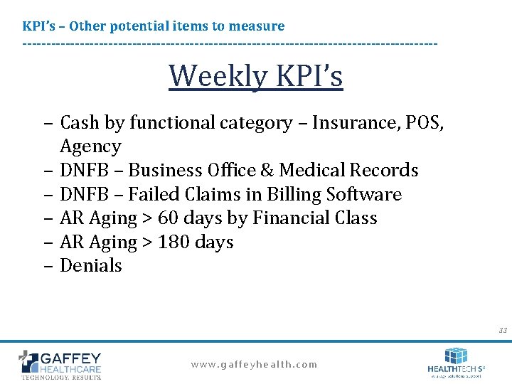 KPI’s – Other potential items to measure -------------------------------------------- Weekly KPI’s – Cash by functional KPI’s – Other potential items to measure -------------------------------------------- Weekly KPI’s – Cash by functional