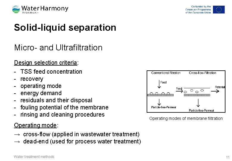 Solid-liquid separation Micro- and Ultrafiltration Design selection criteria: - TSS feed concentration - recovery