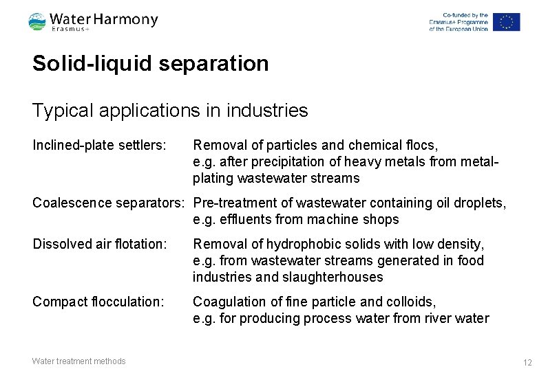 Solid-liquid separation Typical applications in industries Inclined-plate settlers: Removal of particles and chemical flocs,