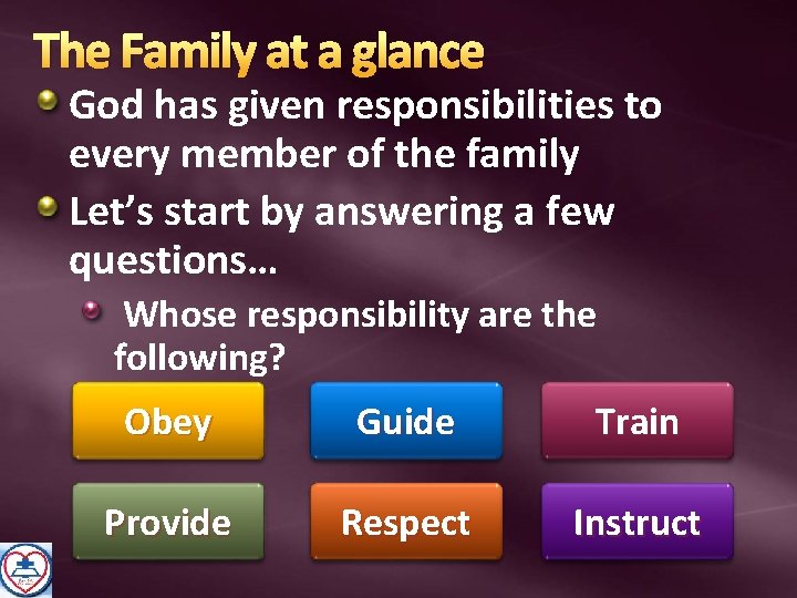 The Family at a glance God has given responsibilities to every member of the