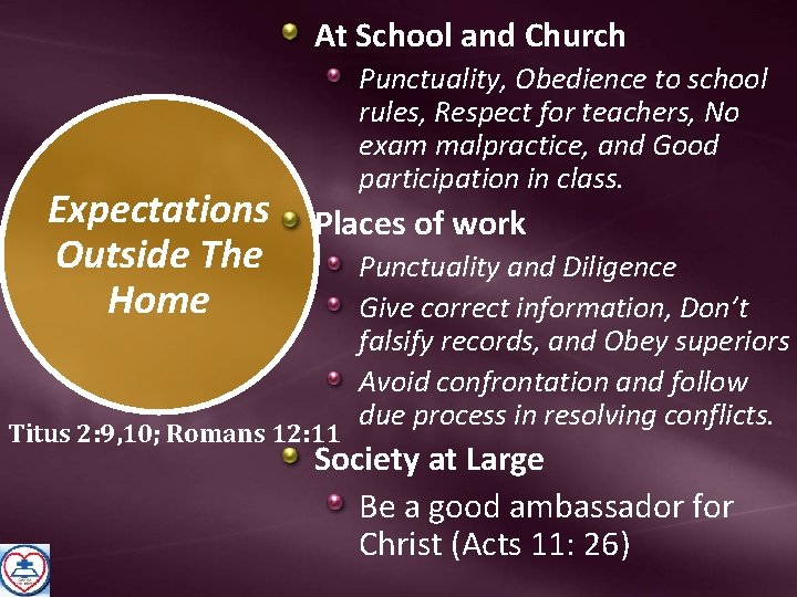 At School and Church Expectations Outside The Home Punctuality, Obedience to school rules, Respect