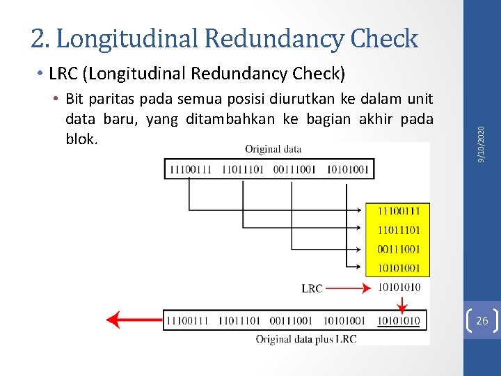 2. Longitudinal Redundancy Check • Bit paritas pada semua posisi diurutkan ke dalam unit