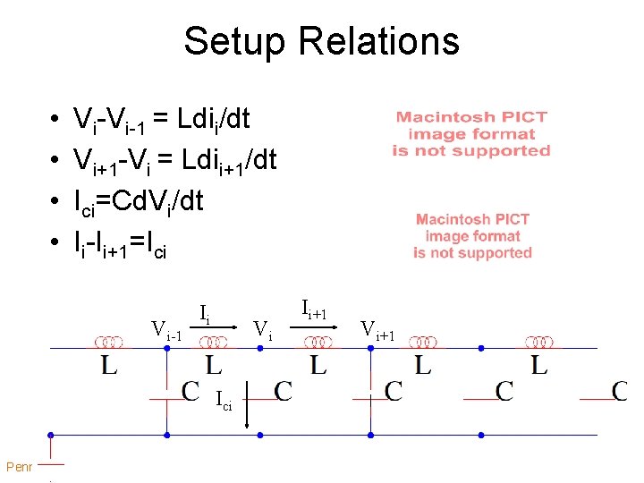 Setup Relations • • Vi-Vi-1 = Ldii/dt Vi+1 -Vi = Ldii+1/dt Ici=Cd. Vi/dt Ii-Ii+1=Ici
