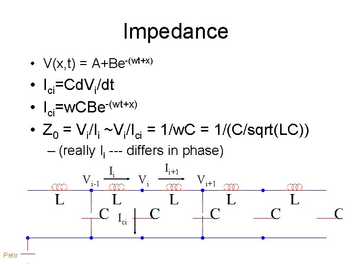 Impedance • V(x, t) = A+Be-(wt+x) • Ici=Cd. Vi/dt • Ici=w. CBe-(wt+x) • Z