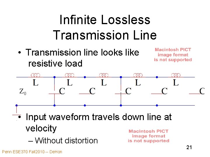 Infinite Lossless Transmission Line • Transmission line looks like resistive load Z 0 •