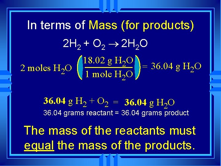In terms of Mass (for products) 2 H 2 + O 2 ® 2 In terms of Mass (for products) 2 H 2 + O 2 ® 2