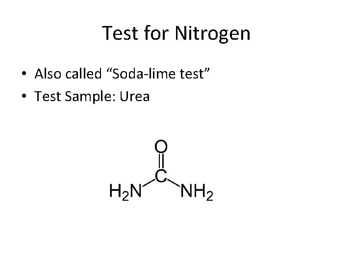 Test for Nitrogen • Also called “Soda-lime test” • Test Sample: Urea 