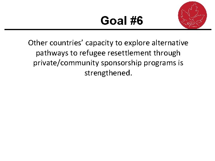 Goal #6 Other countries’ capacity to explore alternative pathways to refugee resettlement through private/community
