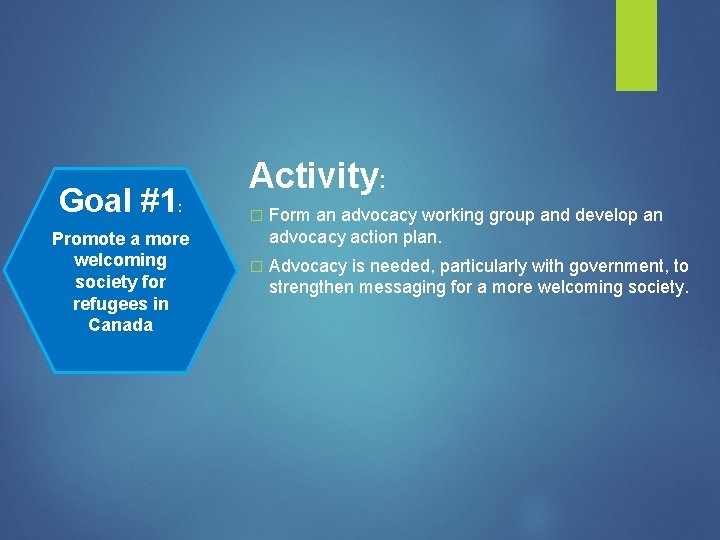 Goal #1: Promote a more welcoming society for refugees in Canada Activity: � Form