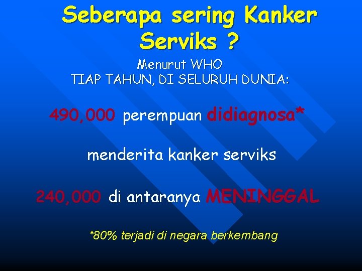 Seberapa sering Kanker Serviks ? Menurut WHO TIAP TAHUN, DI SELURUH DUNIA: 490, 000