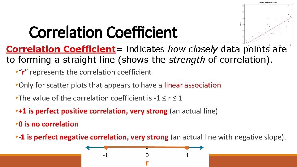 Correlation Coefficient= indicates how closely data points are to forming a straight line (shows