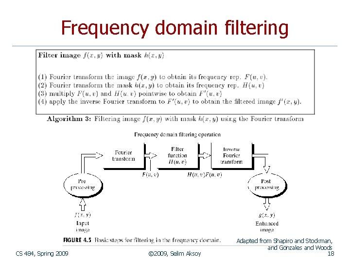 Frequency domain filtering CS 484, Spring 2009 © 2009, Selim Aksoy Adapted from Shapiro