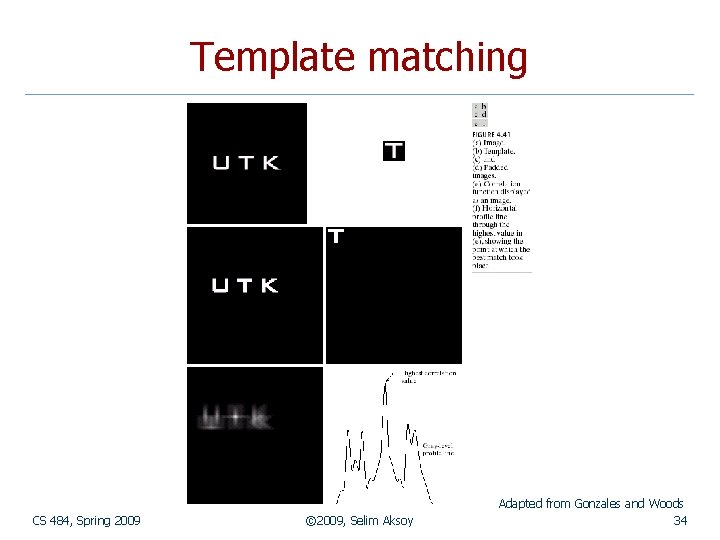 Template matching CS 484, Spring 2009 © 2009, Selim Aksoy Adapted from Gonzales and