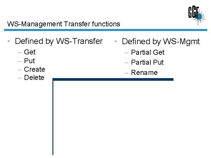 WS-Management Transfer functions • Defined by WS-Transfer – – Get Put Create Delete •