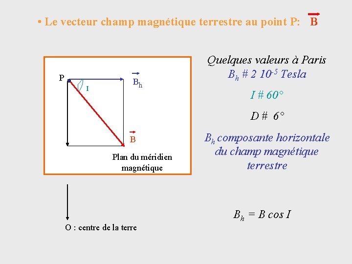 • Le vecteur champ magnétique terrestre au point P: B P I Bh • Le vecteur champ magnétique terrestre au point P: B P I Bh