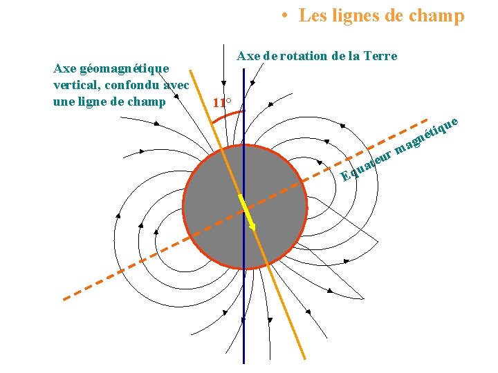• Les lignes de champ Axe géomagnétique vertical, confondu avec une ligne de • Les lignes de champ Axe géomagnétique vertical, confondu avec une ligne de