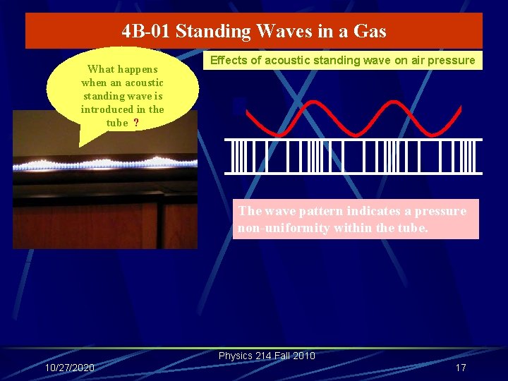 4 B-01 Standing Waves in a Gas What happens when an acoustic standing wave