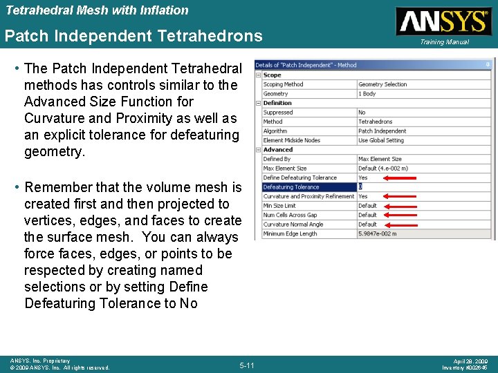 Tetrahedral Mesh with Inflation Patch Independent Tetrahedrons Training Manual • The Patch Independent Tetrahedral