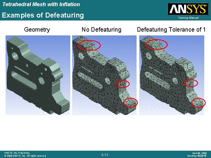 Tetrahedral Mesh with Inflation Examples of Defeaturing Geometry ANSYS, Inc. Proprietary © 2009 ANSYS,