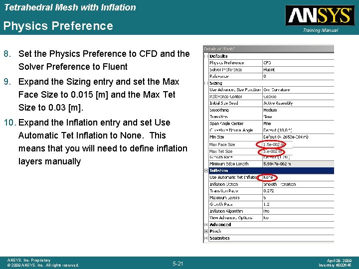 Tetrahedral Mesh with Inflation Physics Preference Training Manual 8. Set the Physics Preference to