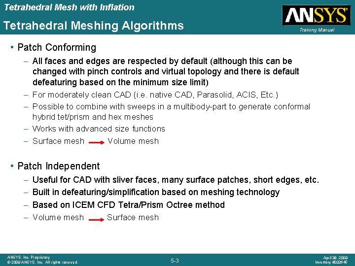 Tetrahedral Mesh with Inflation Tetrahedral Meshing Algorithms Training Manual • Patch Conforming – All