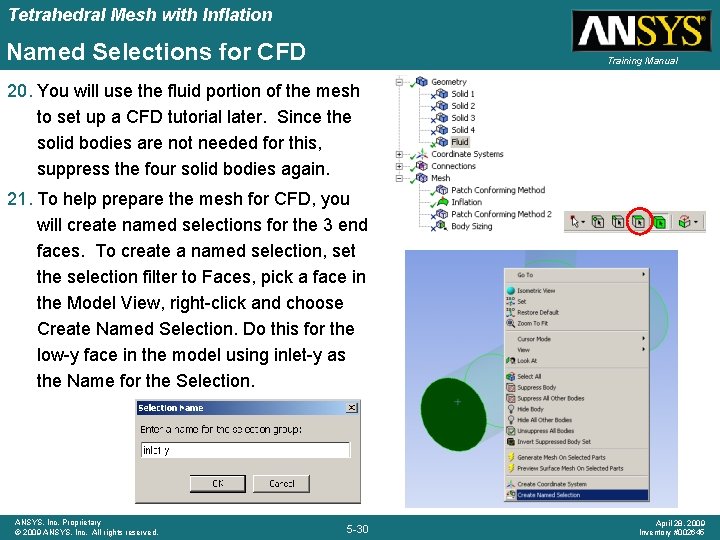 Tetrahedral Mesh with Inflation Named Selections for CFD Training Manual 20. You will use