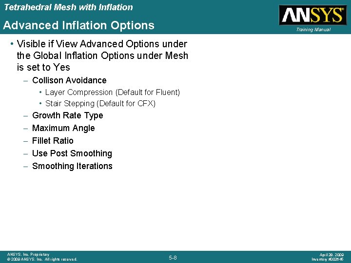 Tetrahedral Mesh with Inflation Advanced Inflation Options Training Manual • Visible if View Advanced